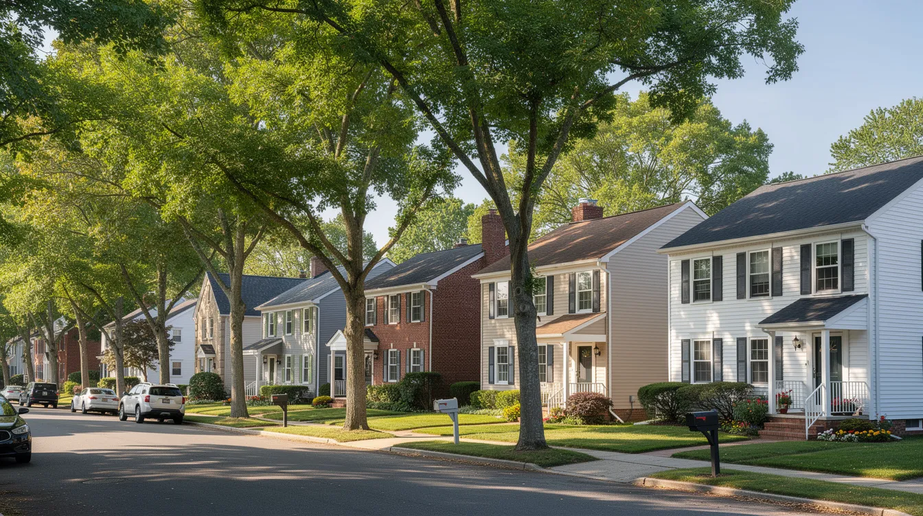 The image depicts a tranquil residential street in a New Jersey suburb, lined with mature trees casting shade over colonial-style homes featuring various types of exterior siding, including fiber cement siding, wood siding, and vinyl siding. Each house showcases unique siding materials that enhance curb appeal and reflect the traditional architectural style of the area.