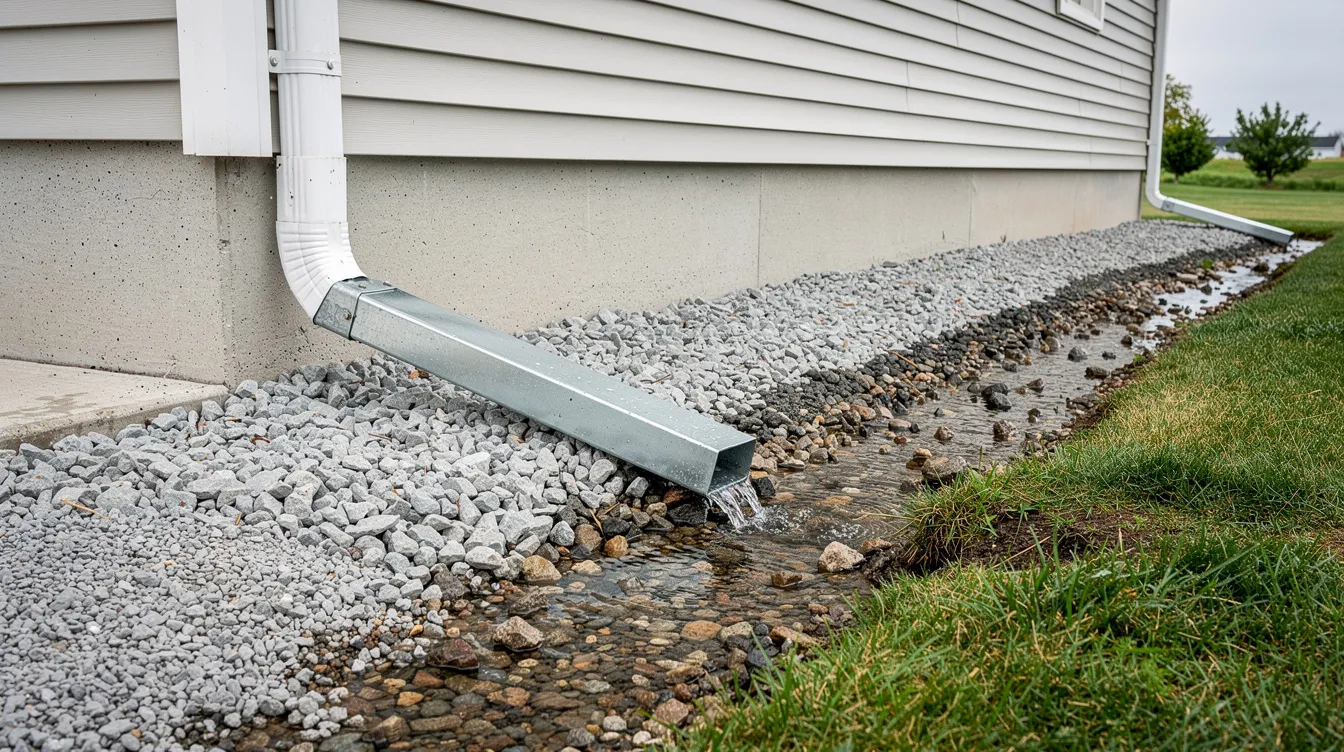 The image shows a downspout extension directing rainwater away from the foundation of a detached garage, across a gravel bed to prevent potential leaks and mold. This installation helps protect the garage and surrounding landscaping during heavy rain by effectively redirecting water away from the structure.