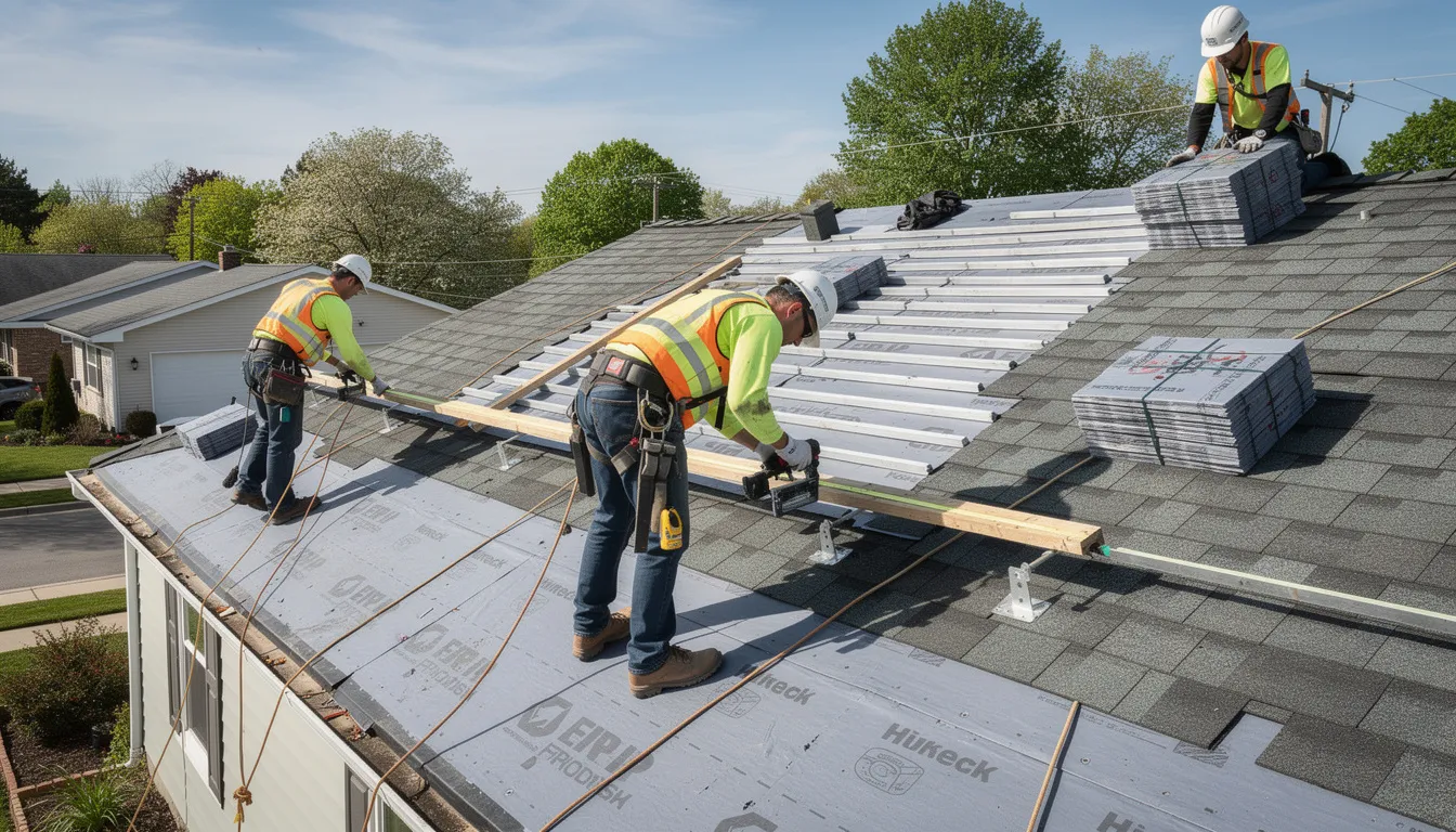 A professional roofing crew is actively installing new shingles on a residential home, equipped with safety gear to ensure a secure roofing project. This dedicated team demonstrates quality workmanship while providing essential roofing services in Morris County, ensuring homeowners receive excellent customer service and protection for their property.