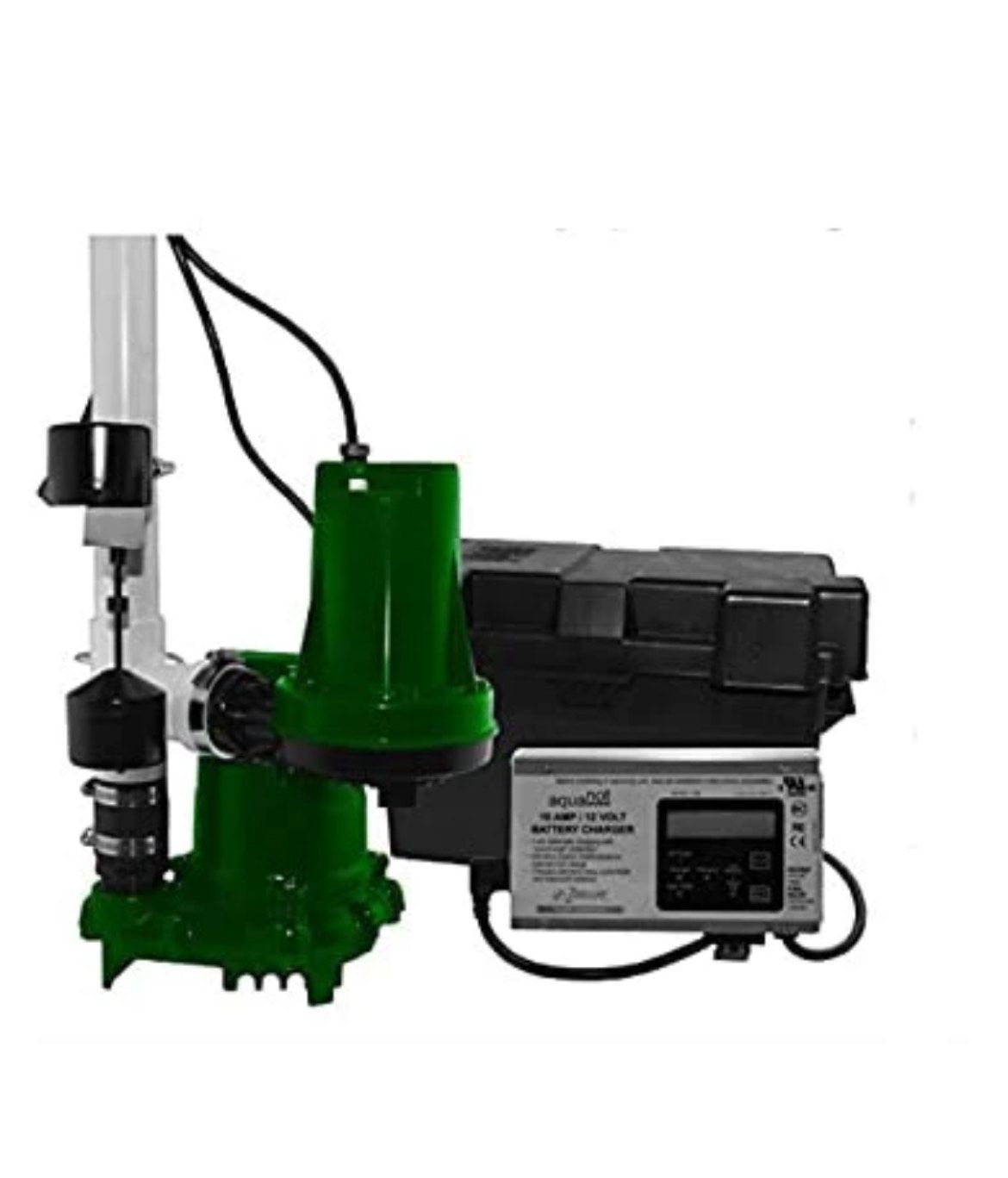 Green sump pump system with black battery backup and control panel.