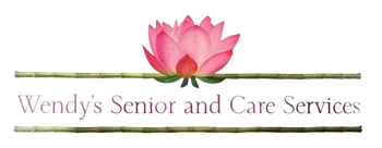 Wendy 's senior and care services logo with a pink lotus flower and bamboo
