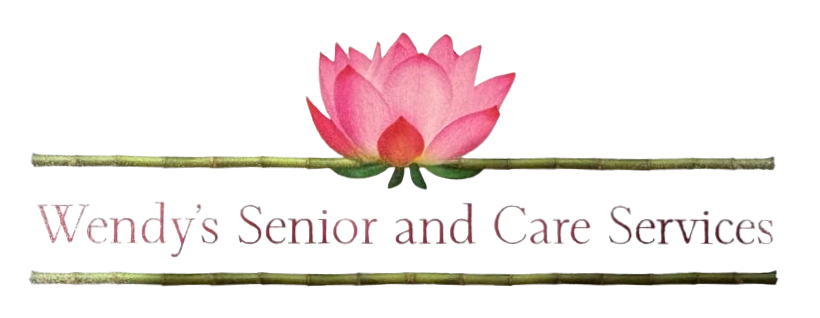 Wendy 's senior and care services logo with a pink lotus flower and bamboo