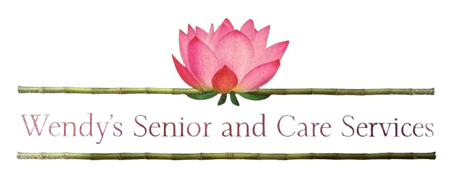 Wendy 's senior and care services logo with a pink lotus flower and bamboo
