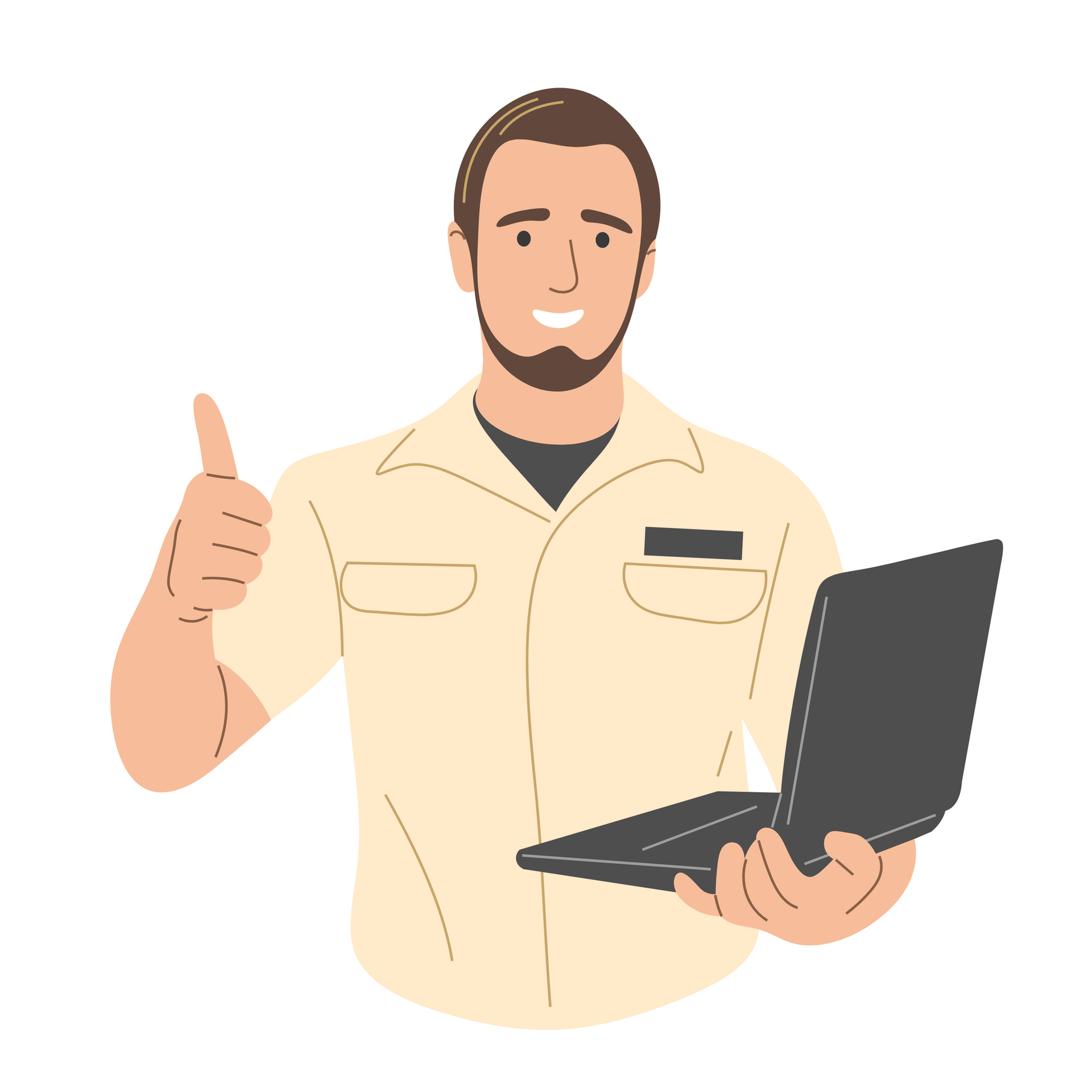 A man is holding a laptop computer and giving a thumbs up.