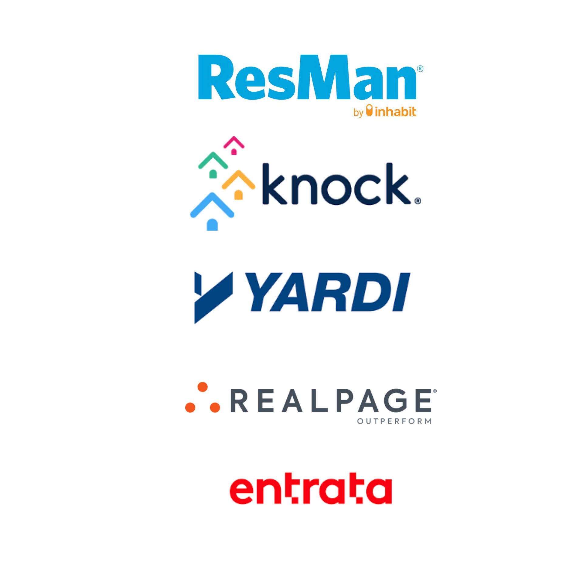 A group of logos for companies including resman , knock , yardi , realpage and entrata.