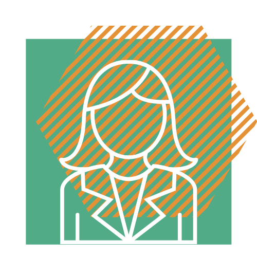 A line drawing of a woman in a suit on a green and orange striped background.