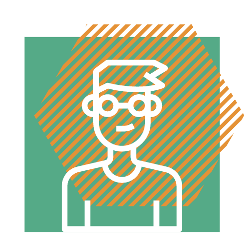 A line drawing of a man wearing glasses and a hat.