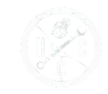 A black and white drawing of a man holding a wrench in a circle.