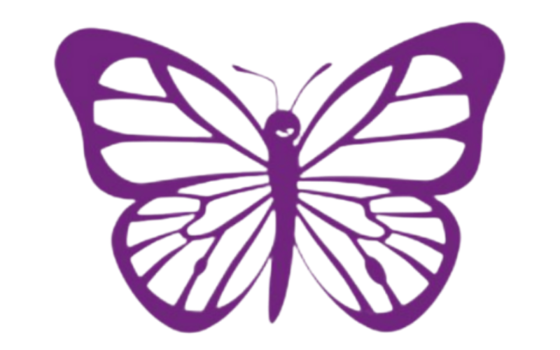 Purple butterfly silhouette against a white background.