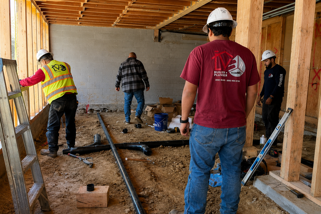 Workers in hard hats and safety vests installing pipes in a construction site room