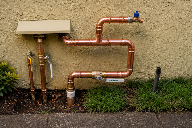 Copper utility pipes and valves mounted on a tan wall beside a sidewalk and shrubs