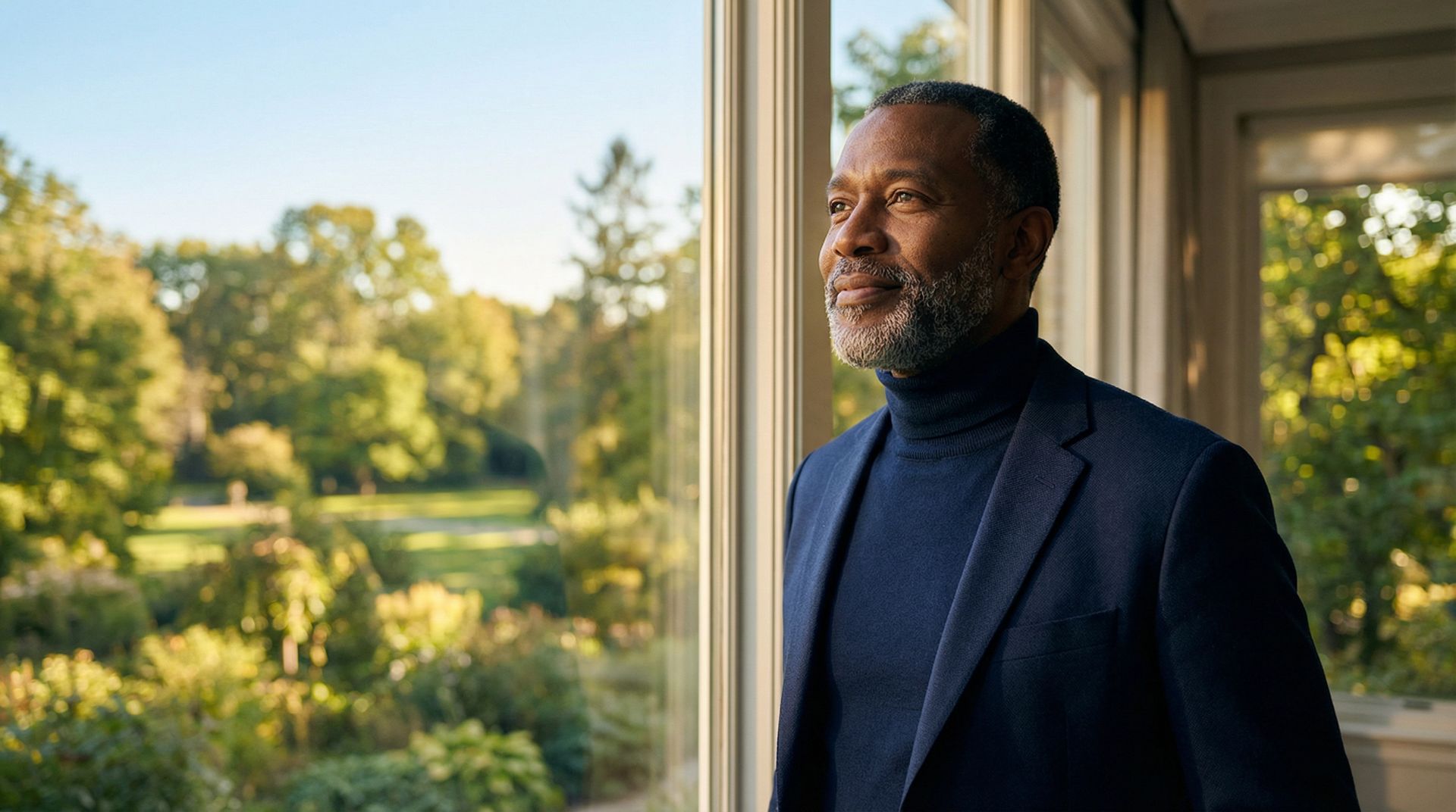A person in a navy turtleneck and blazer stands by a window, gazing out at a lush, sunlit garden.