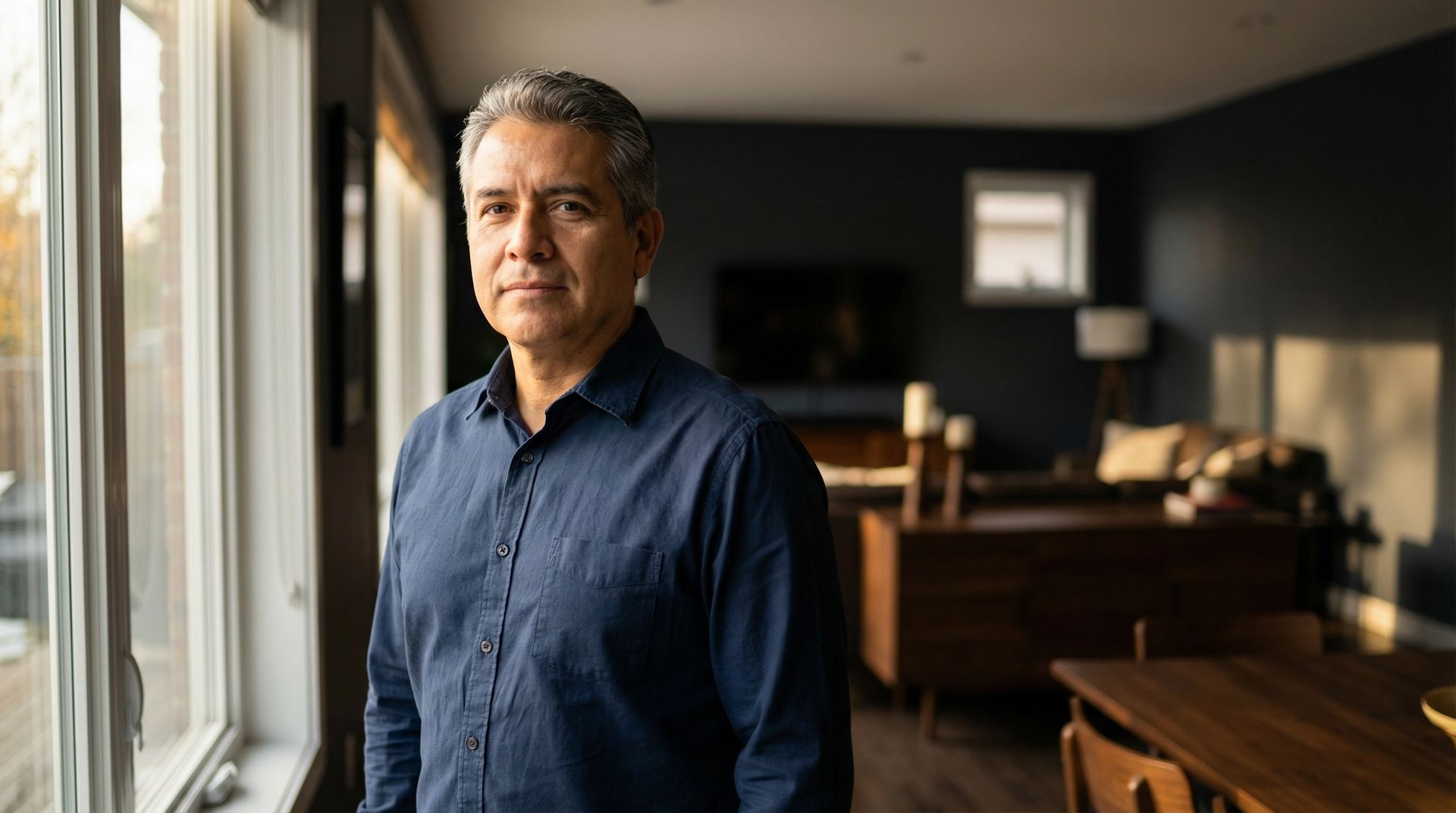 A person in a blue button-down shirt stands indoors next to a window, looking toward the camera in a living room setting.