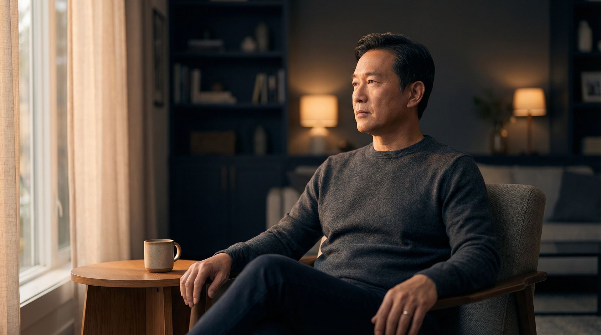 A person sits in an armchair by a window, looking outside in a dimly lit, cozy living room.