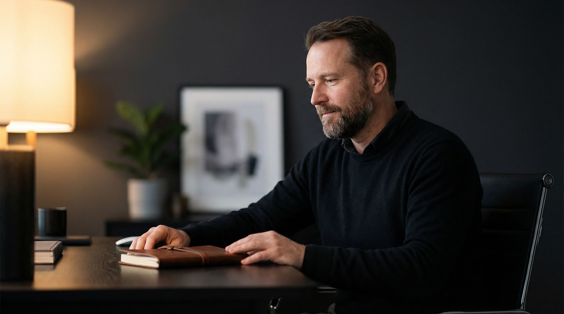 A person sits at a dark desk in a dimly lit office, resting their hands on a closed leather journal.