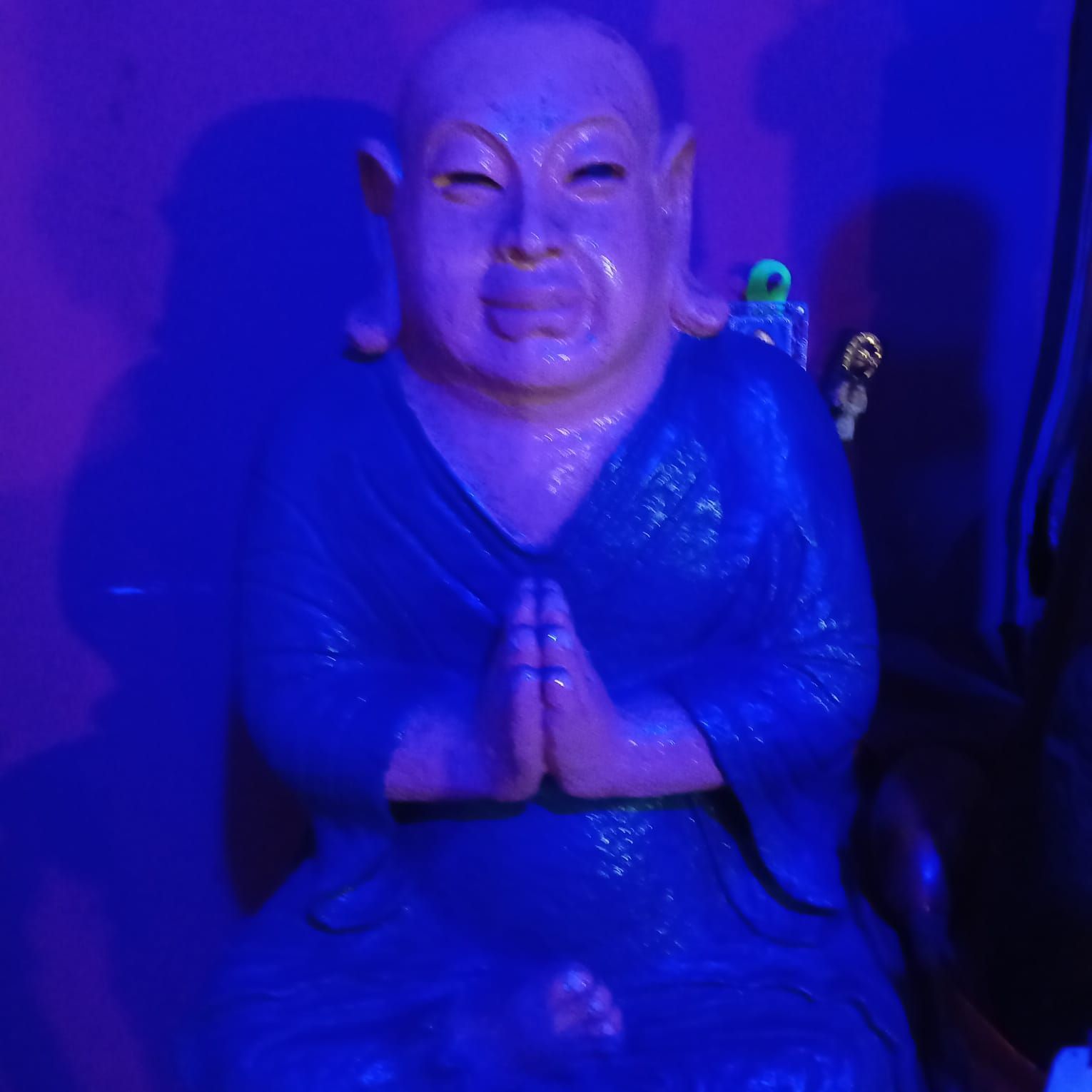 Estatua de Buda con las manos juntas, los ojos cerrados, vistiendo una túnica azul, iluminada por luz azul.