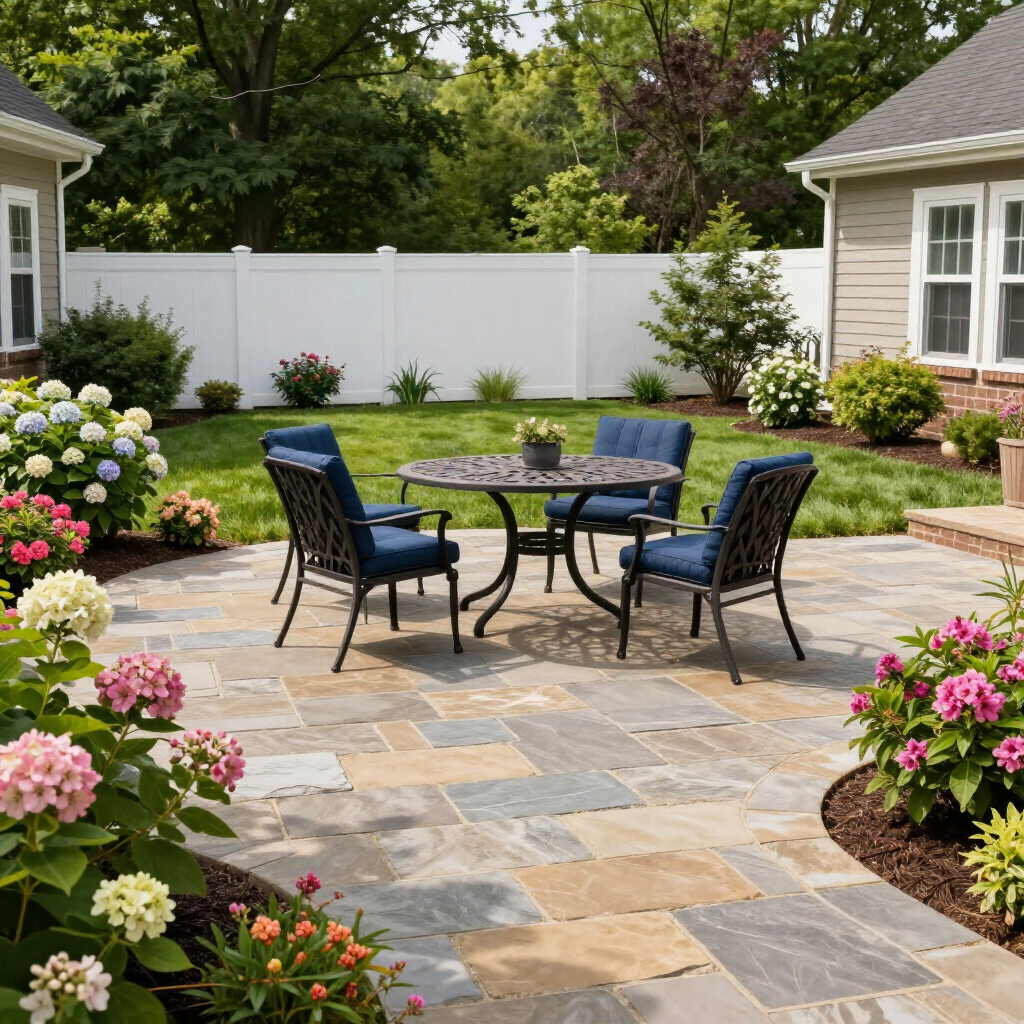 A patio with a round metal table and four blue chairs, surrounded by colorful flowers and a white fence in a backyard.