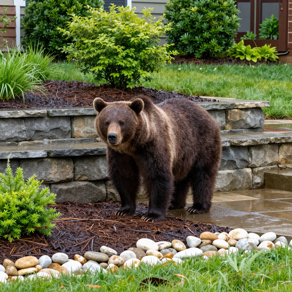 A large brown bear stands on a stone-terraced garden path near shrubs and a bed of landscaping stones.