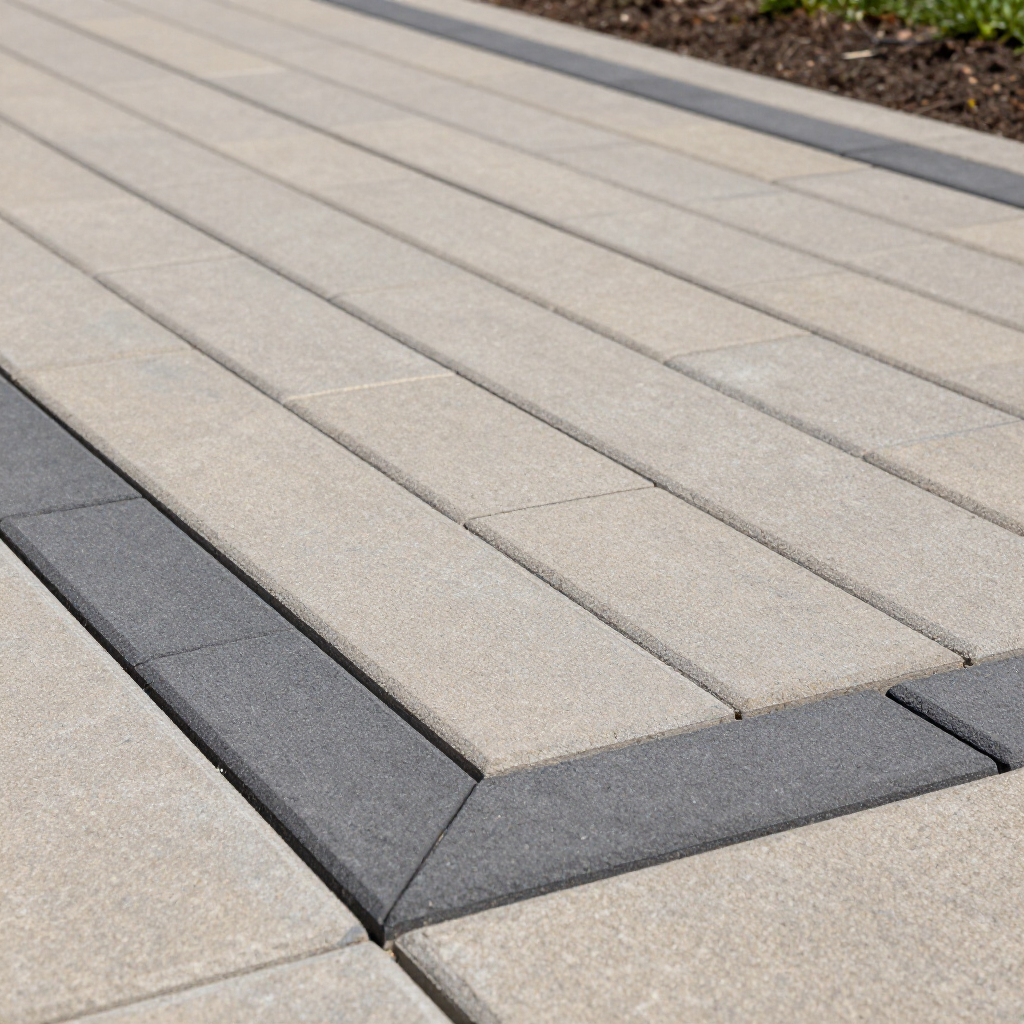 Close-up of light gray concrete pavers arranged in a linear pattern, bordered by a darker gray stone inlay.