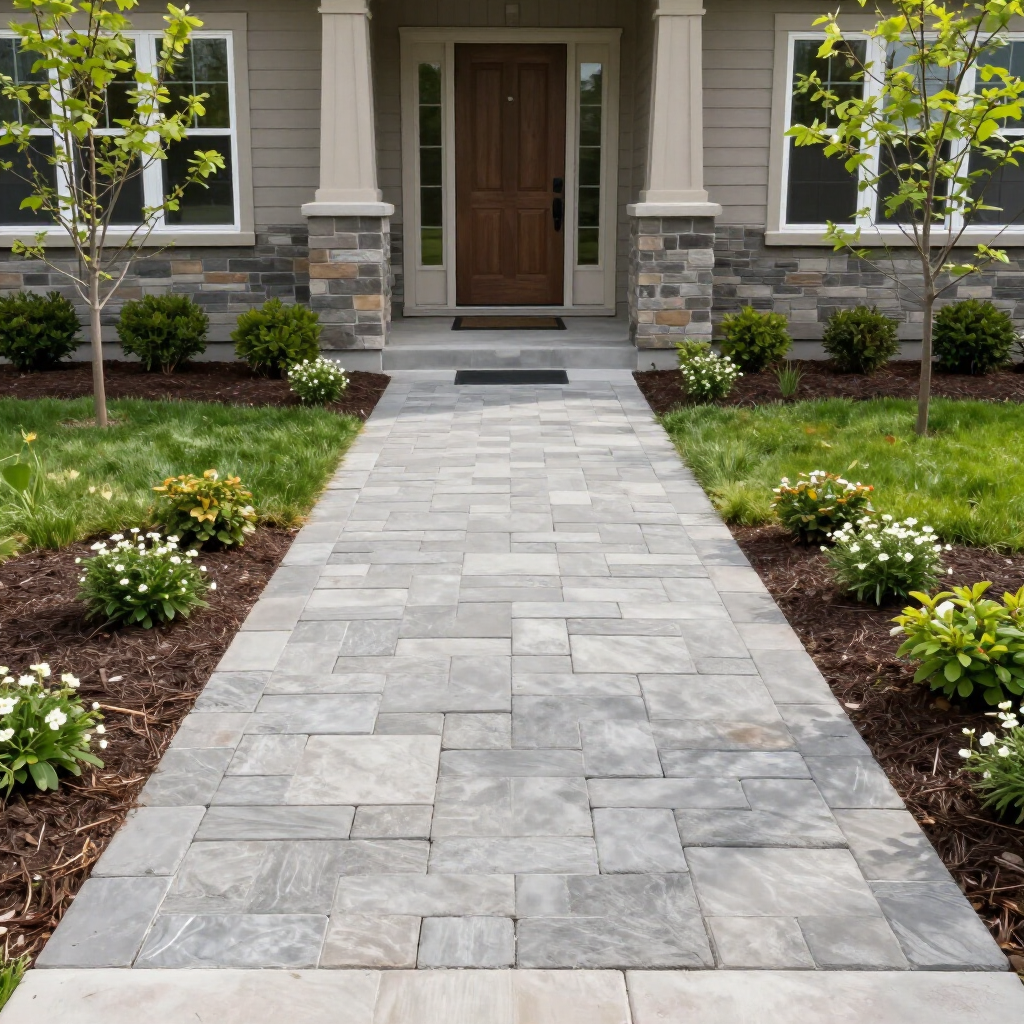 A stone walkway leads to a brown front door framed by two pillars, with manicured shrubs and small white flowers on sides.