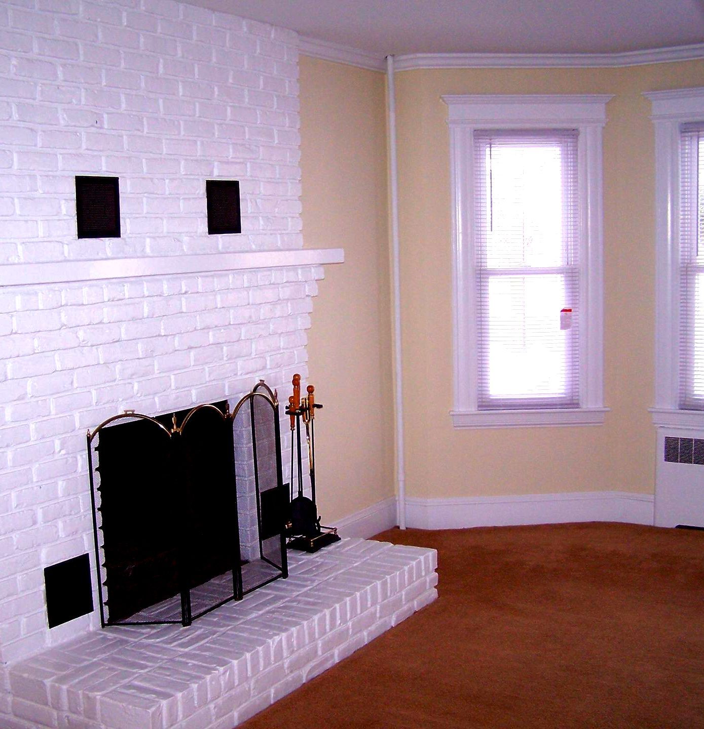 A living room with a fireplace and two windows