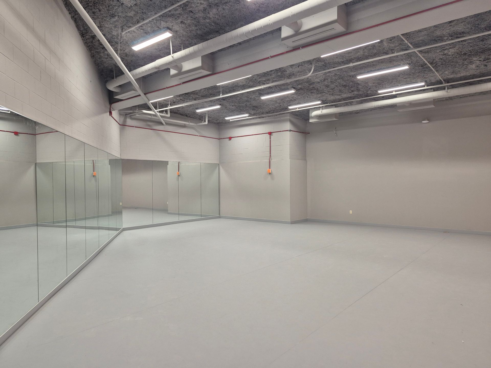 A large empty room with a lot of mirrors on the wall.