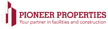 The logo for pioneer properties is red and white and says `` your partner in facilities and construction ''