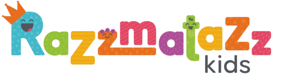 A colorful logo for razzmatazz kids with a crown on it
