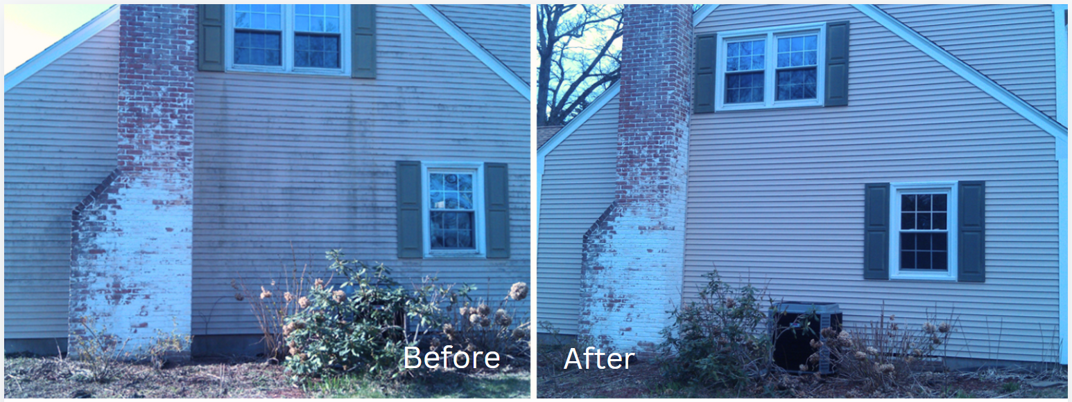 A before and after picture of a house with shutters