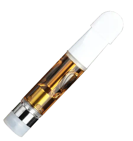 Vape cartridge with clear oil and white mouthpiece.