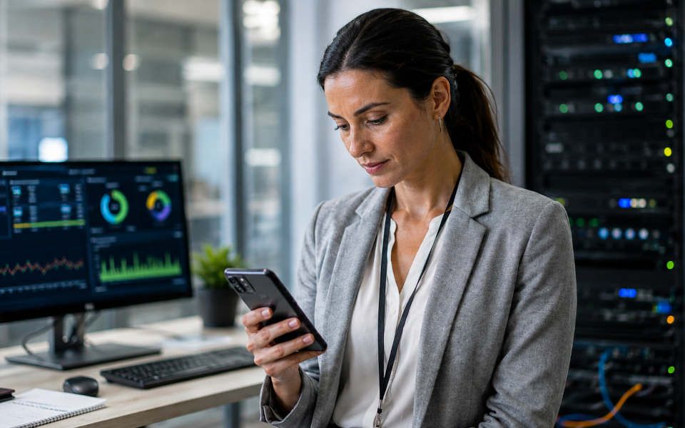 IT-Technikerin kontrolliert Monitoring-Alerts im Rahmen der Server Wartung