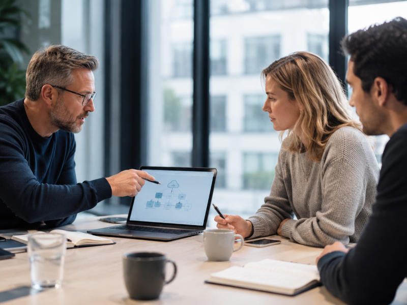 Team prüft Cloud-Readiness und Cloud Strategie am Laptop