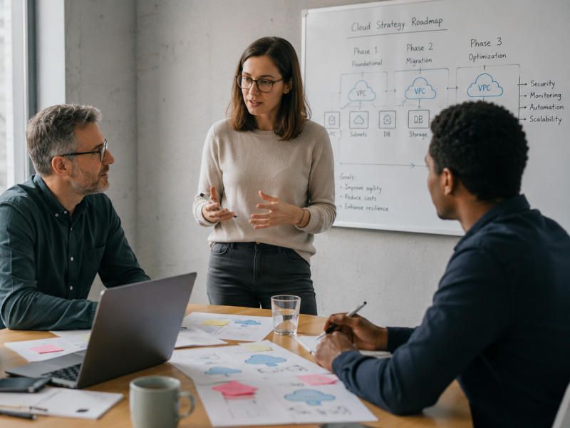 Team entwickelt Cloud Strategie und Roadmap im Workshop