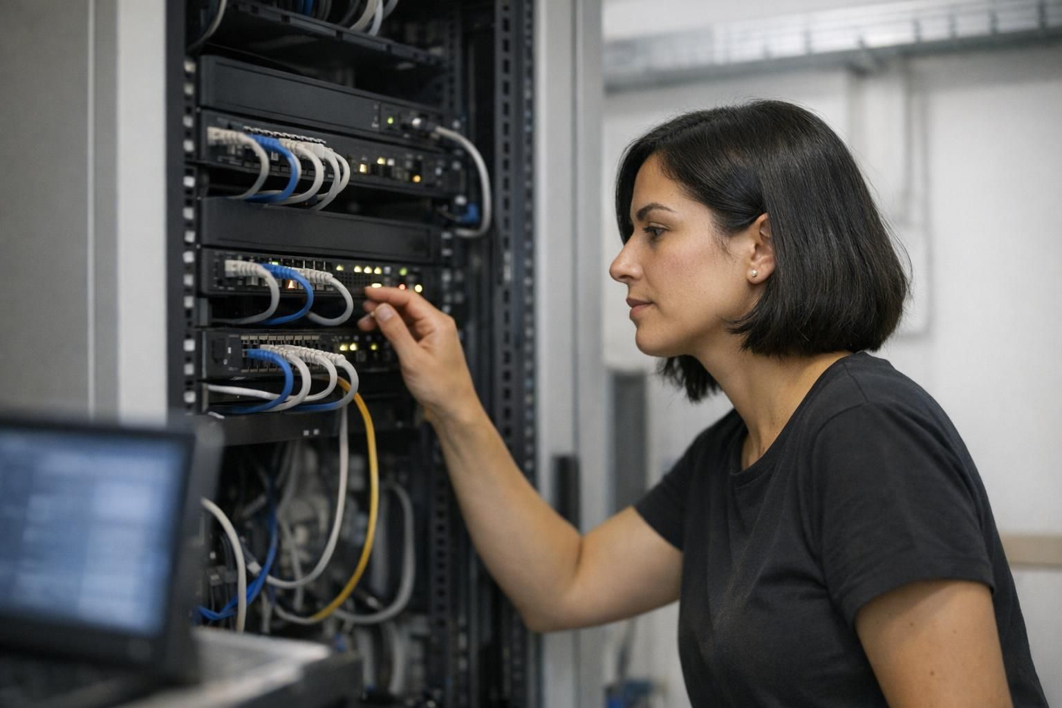 Woman checks network components and cabling in the server room during IT maintenance.
