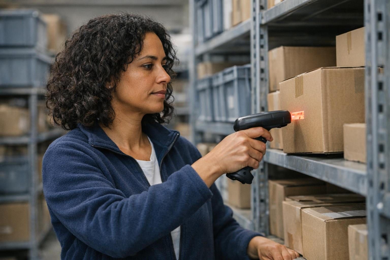 Mitarbeiterin scannt Kartons im Lagerregal mit Barcode-Scanner zur mobilen Datenerfassung und Bestandsprüfung
