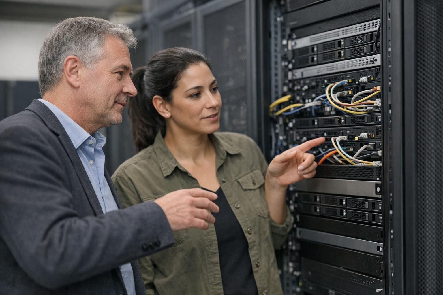 IT-Team prüft Server-Hardware im Rack als Beispiel für Planung und Betrieb eines Proxmox Clusters