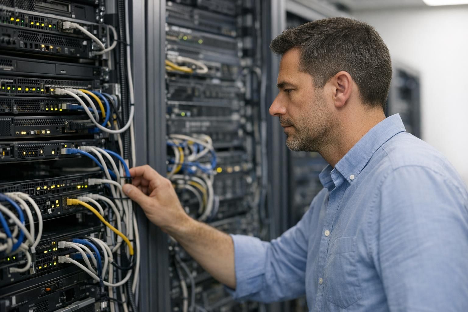 Techniker arbeitet am Server-Rack zur Einrichtung von Netzwerk und Nodes für ein Proxmox Cluster
