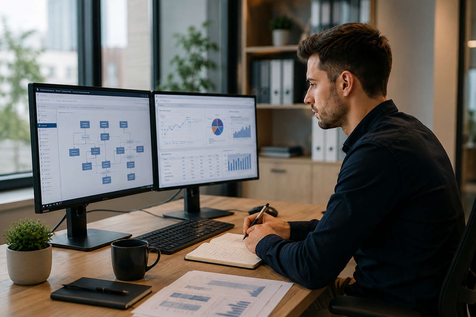 Mitarbeiter analysiert ERP-Prozesse und Kennzahlen an zwei Bildschirme
