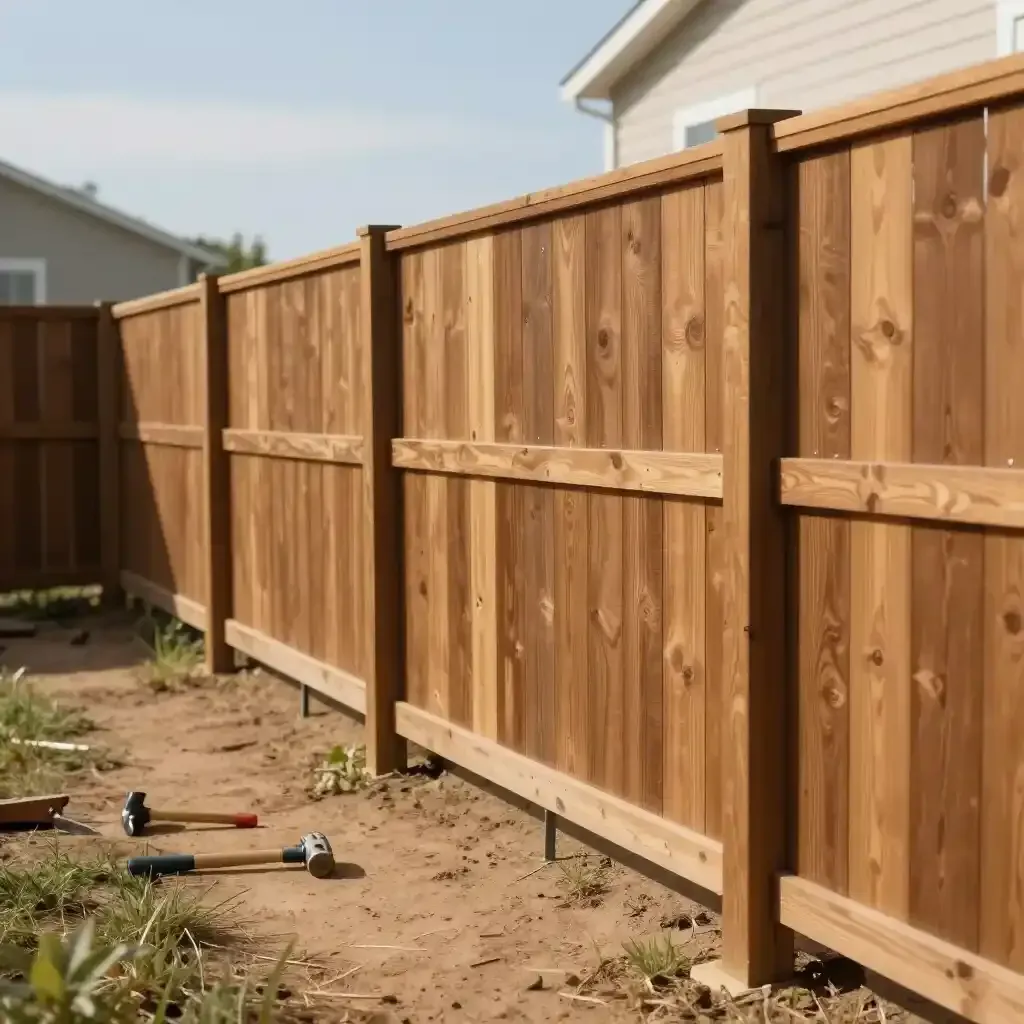 Wooden privacy fence along a dirt yard beside a house, with tools on the ground.