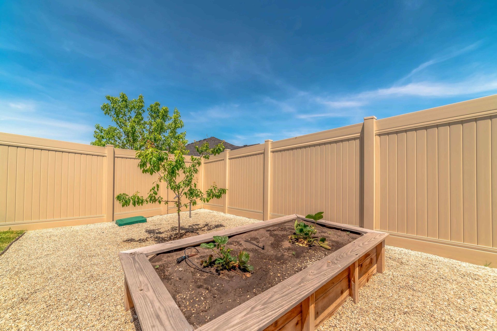 Raised garden bed in gravel yard, beige vinyl fence, tree, and blue sky.