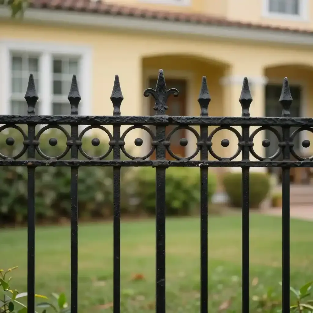 Black iron fence in front of a yellow house with green lawn and shrubs