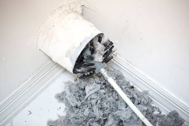 A dryer vent being cleaned with a brush, revealing a large pile of lint.