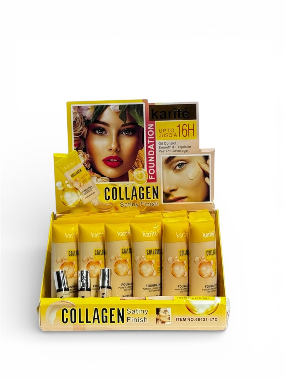 Vitrina con tubos de base de colágeno, con etiqueta amarilla y un rostro de mujer en la caja.