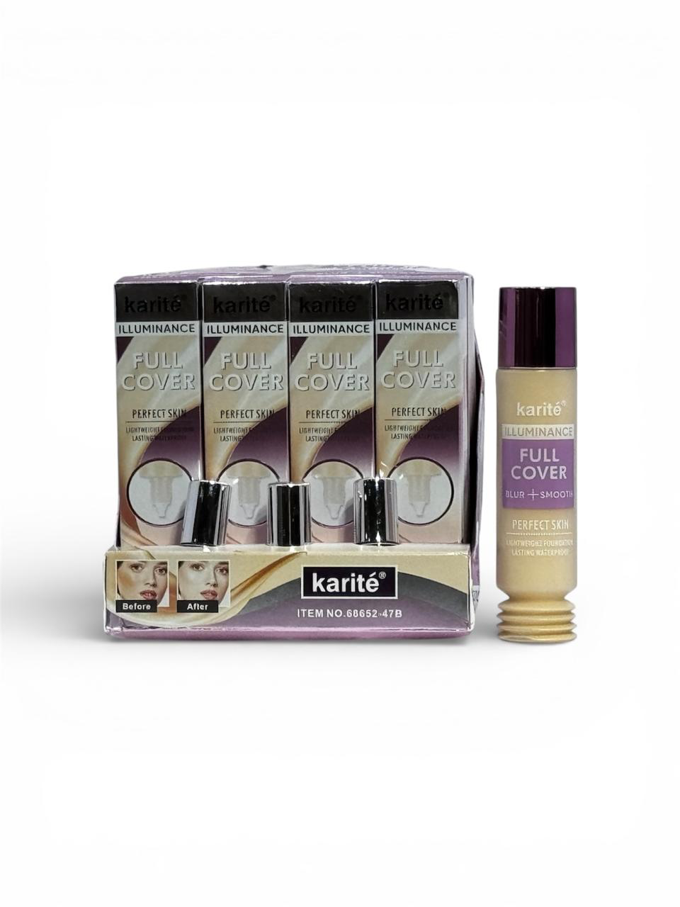 Vitrina con múltiples frascos de base de maquillaje Karite Pure Cover; frascos de color tostado con tapas de color morado.