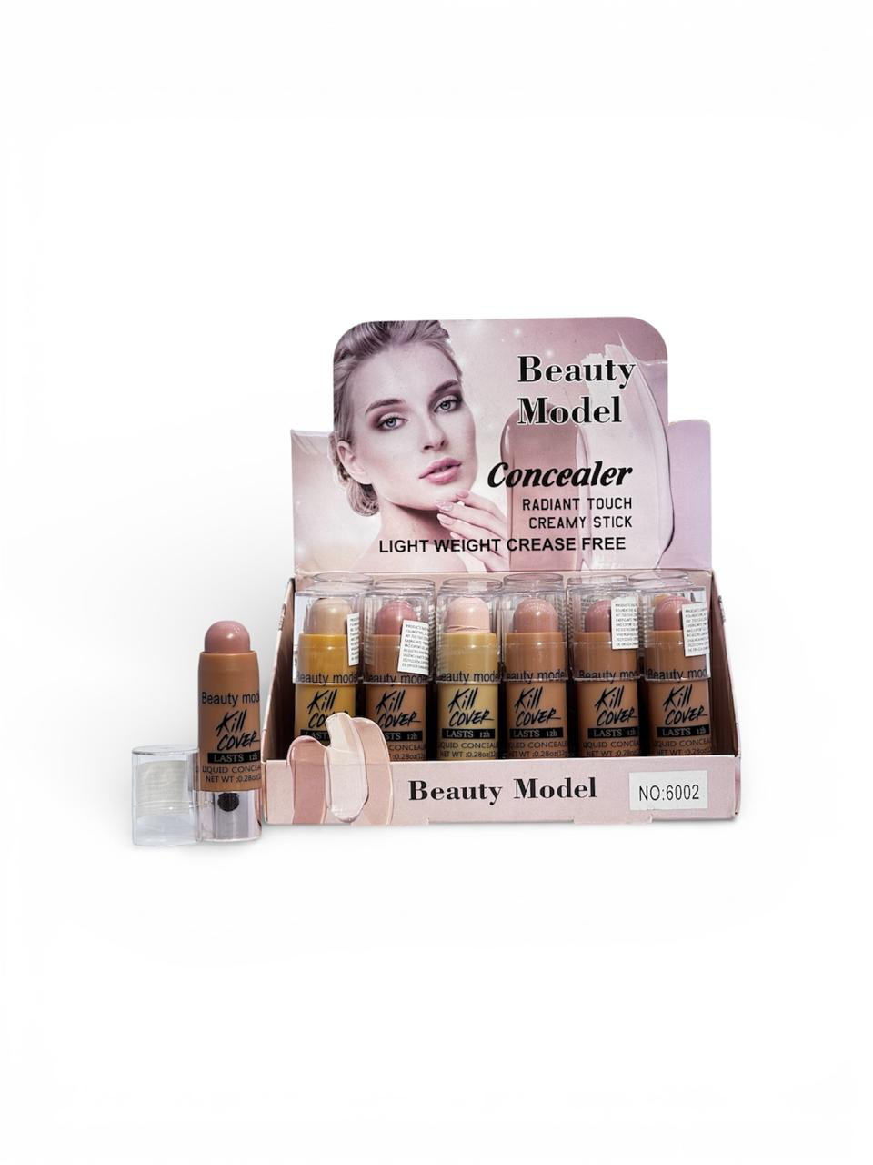 Exhibición de barras correctoras Beauty Model en varios tonos, con imagen de la modelo en el empaque.