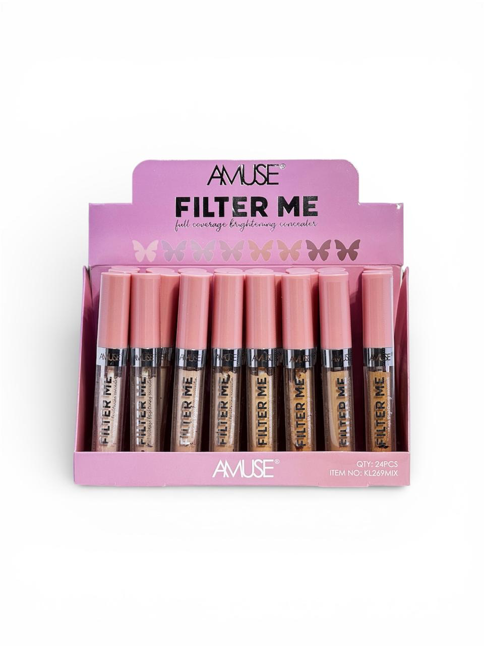 Exhibición de tubos de corrector “AMUSE Filter Me” en una caja rosa y violeta.