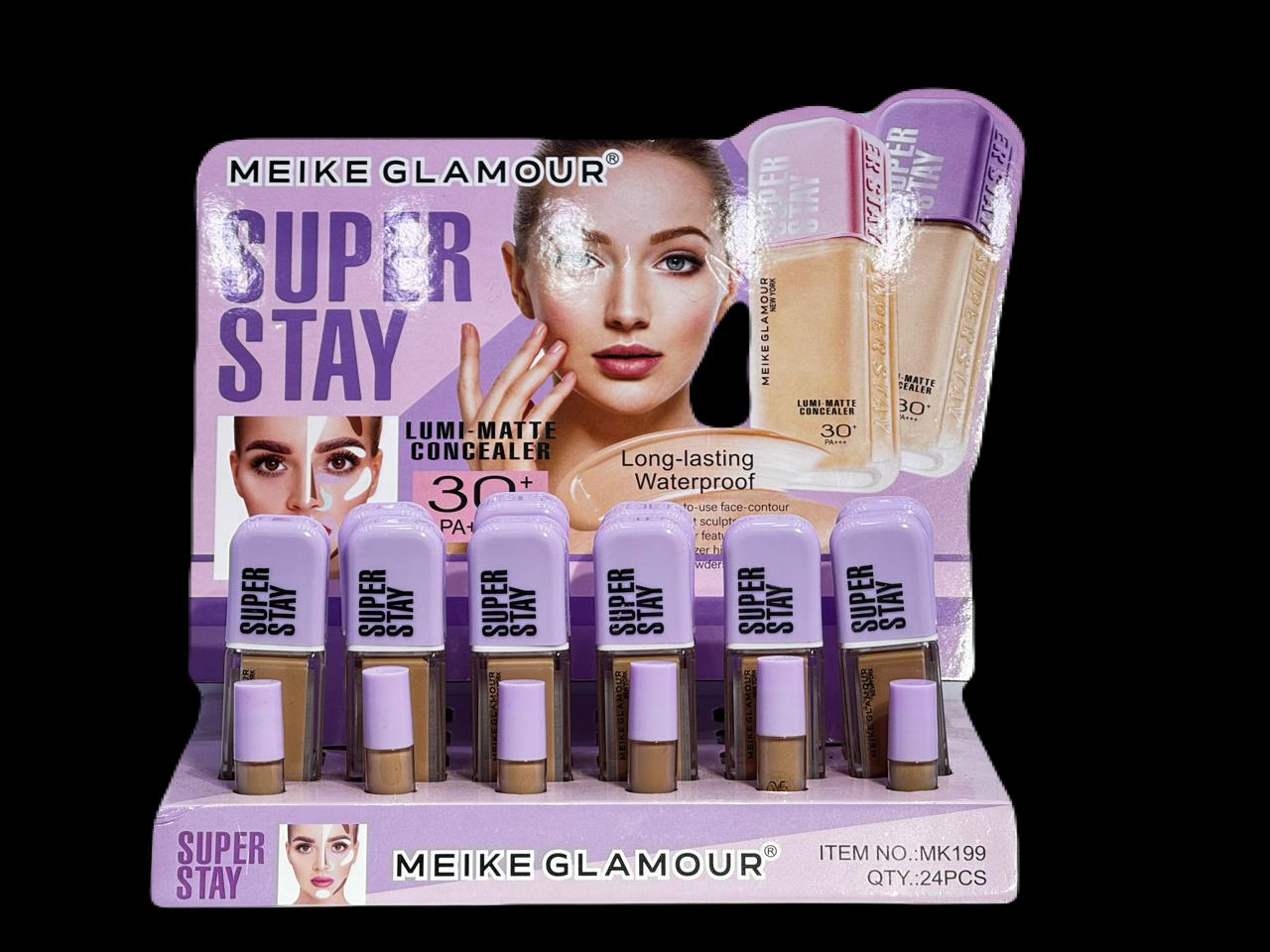 Exhibición de maquillaje: Corrector Meike Glamour Super Stay. Productos en envases lavanda y beige.