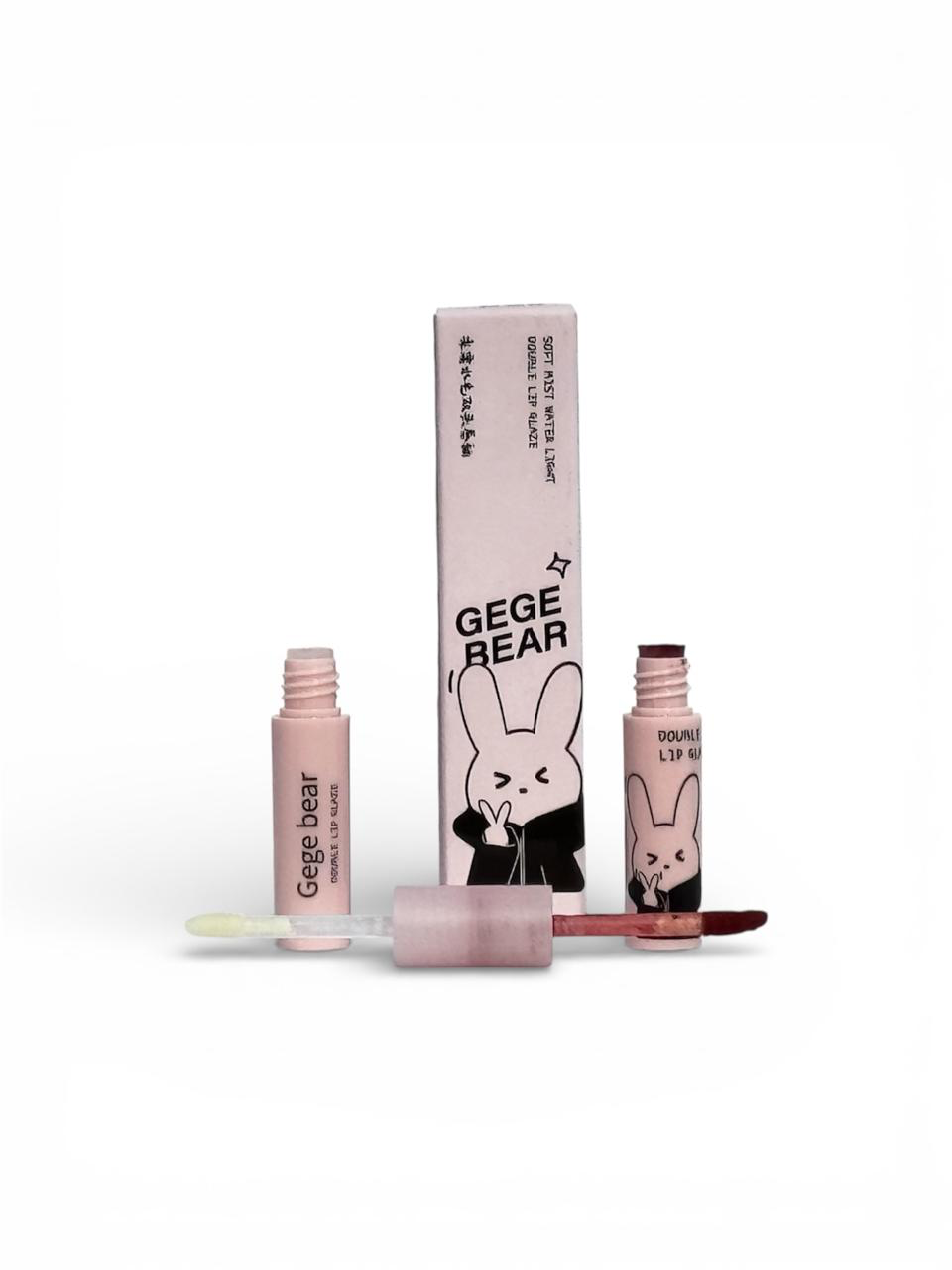 Tres productos labiales Gege Bear y una caja con un conejito de dibujos animados.