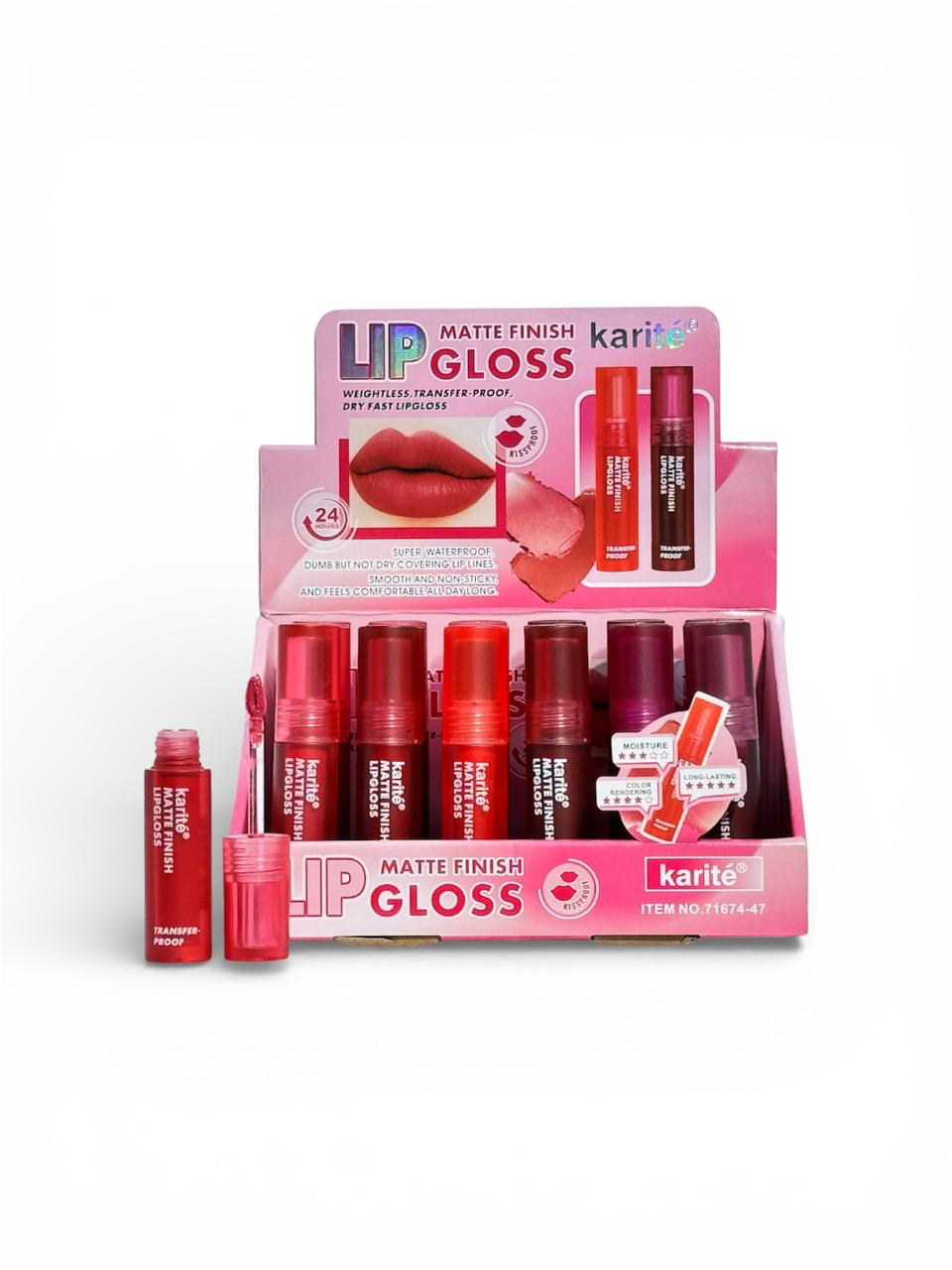 Expositor de brillos labiales con múltiples tonos en rojo y rosa.