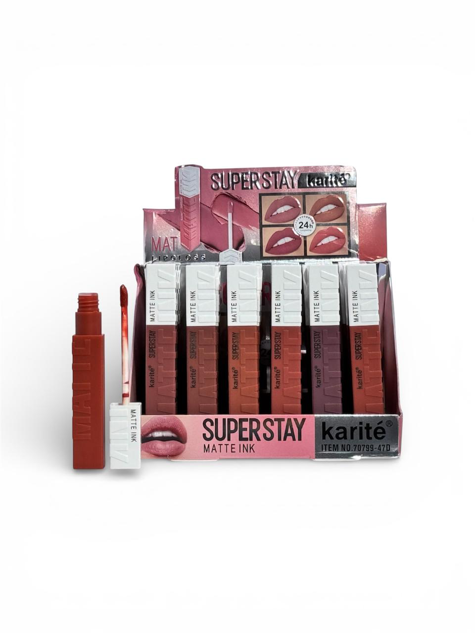 Exhibición de labiales Karité Superstay Matte Ink en varios tonos.
